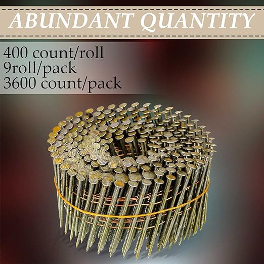 Hotop 3600 Count Siding Nails, 15-degree Wire Collated Coil Siding Nails, Full Round Head Mild Steel Nail for Sheathing Decking Fencing Attachment Replacement Parts(1 1/2 Inch)
