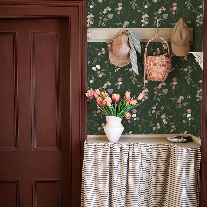 Vintage Wallpaper Peel and Stick Dark Green Floral Wallpaper Leaf Contact Paper Vinyl Waterproof Self Adhesive Boho Botanical Wall Paper for Bedroom Shlef Cabinet Decor 17.3" x 78.7"