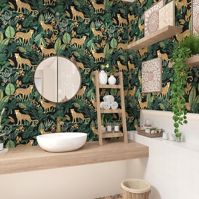 Black Gold Vintage Leopard Peel and Stick Wallpaper 17.5" x 197" | Waterproof Vinyl Self Adhesive Removable Renter Friendly Floral Contact Paper