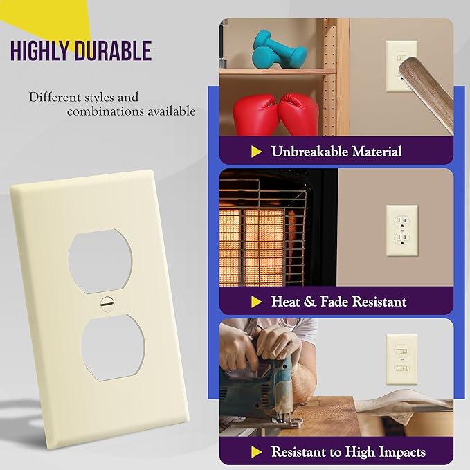 ENERLITES Duplex Receptacle Outlet Wall Plate, Size 1-Gang 4.50" x 2.76", Unbreakable Polycarbonate Thermoplastic, UL Listed, 8821-LA-10PCS, Light Almond (10 Pack)