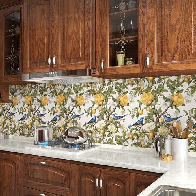 Danodoi Yellow Vintage Lemon Bird Peel and Stick Wallpaper 17.5" x 118" | Waterproof Vinyl Self Adhesive Removable Renter Friendly Floral Contact Paper