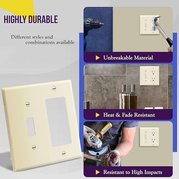 ENERLITES Combination Toggle Switch/Decorator Switch Wall Plate, Size 2-Gang 4.50" x 4.57", Polycarbonate Thermoplastic, 881131-LA, Light Almond