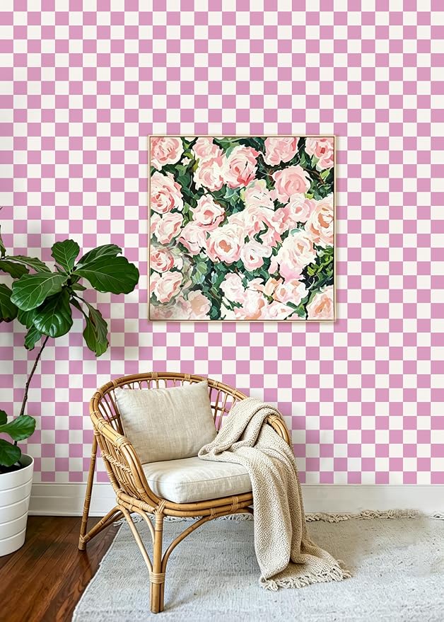 Yasinet Pink Peel and Stick Wallpaper Checkered Wallpaper Modern Pink and White Checkerboard Contact Paper Girl Bedroom Removable Self Adhesive Wall Paper Waterproof for Bathroom Vinyl 17.3" × 393.7“