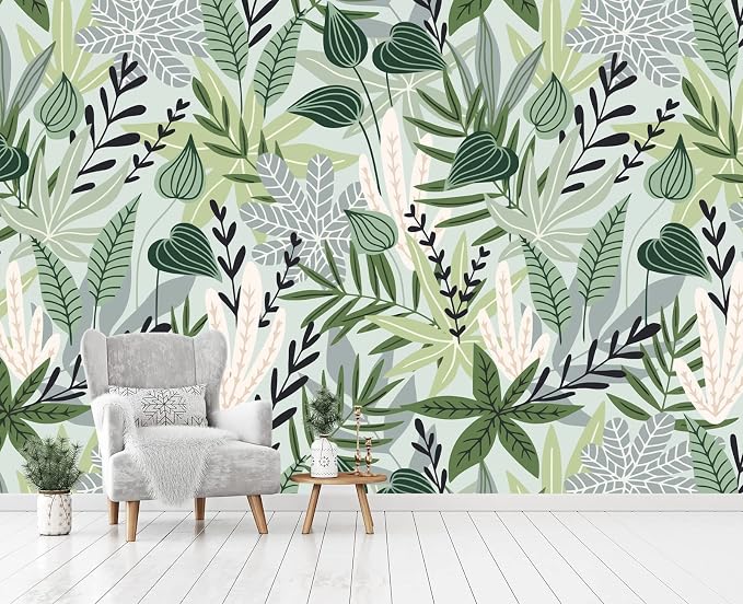 Cliouar-Watercolor Green Leaves Tropical Plants Bedroom Living Room Decoration Mural Wallpaper 103" x 69"(Not Peel and Stick)