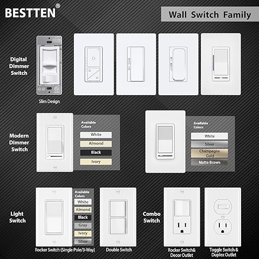 BESTTEN 10 Pack Single Pole Decorator Light Switch with Wallplate, 15A 120/277V, Rocker Paddle Wall Switch, On/Off Interrupter for LED and Other Lamps
