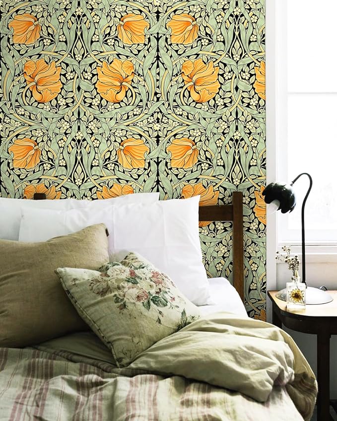 HAOKHOME Vintage Floral Wallpaper Peel and Stick Botanical Green/Yellow/Black Wall Murals Home Kitchen Bedroom Decor by William Morris 17.3in x 9.8ft