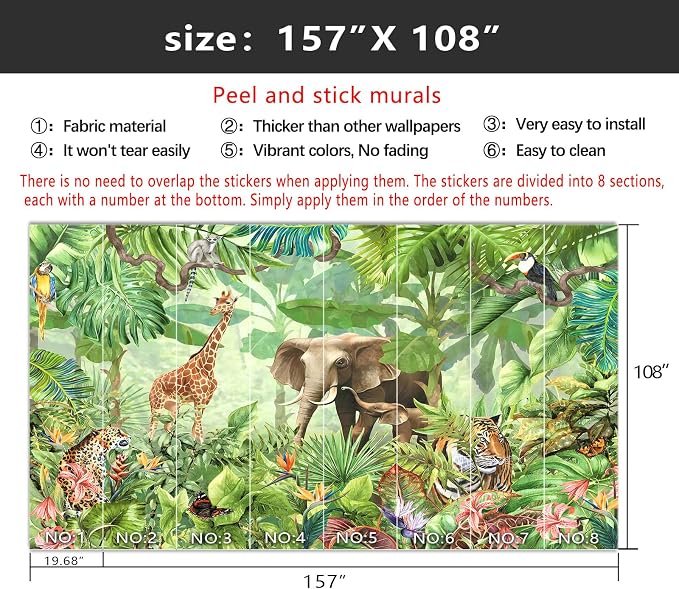 YIHWM-Peel and Stick Animal Wallpaper Tropical Rainforest Zoo Theme Mural | Tear-resistant,with a substantial feel;Will not be damaged during repositioning.Boy's Room,kids room wallpaper.XL-157"x108"