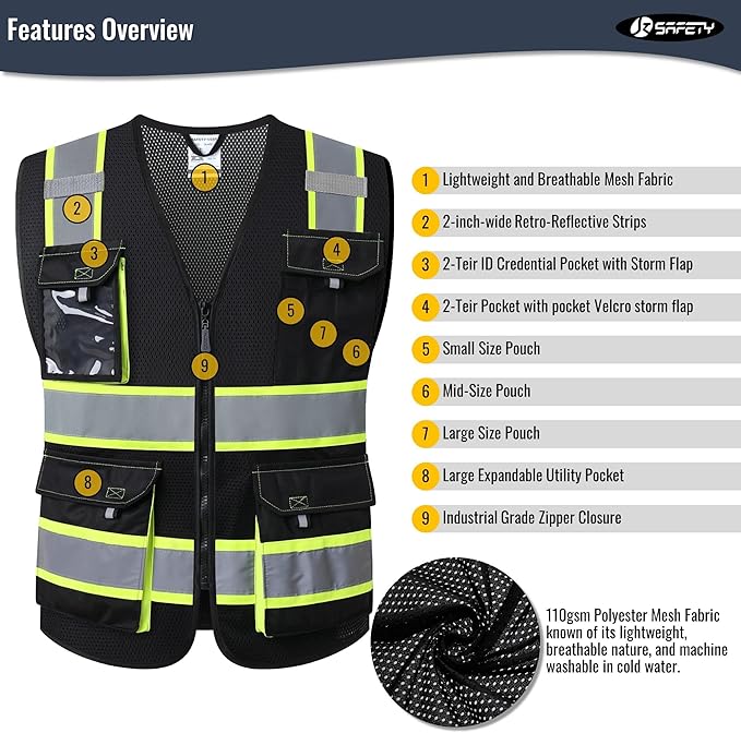 JKSafety Hi Vis Reflective Safety Vests for Men Women High Visibility Vest with Pockets Mesh Fabric Construction Safety Apparel Neon Vest for Work (220-Black S)