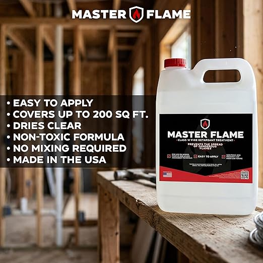 Master Flame Class A Fire Retardant Spray for Wood, Fabric, Cotton & More - Non-Toxic Flame Retardant Coating - Meets NFPA 701 & ASTM E84 - Made in USA - Easy to Apply and Dries Clear - 1 Gallon