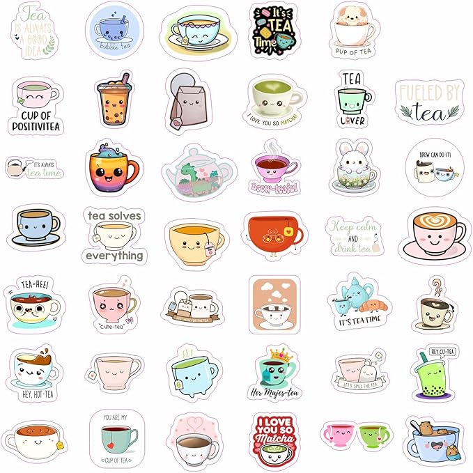 BulbaCraft Cute Tea Cup Stickers, Tea Stickers for Water Bottle and Laptop - Tea Cup Party Supplies & Decorations, Waterproof Vinyl Drink Decals, Gifts for Women & Men