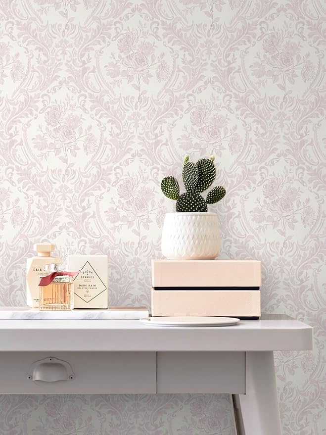 Ismoon Peel and Stick Wallpaper Vintage Floral Contact Paper Boho Watercolor Pink Damask Wallpaper Textured Removable Self Adhesive Vinyl Wall Paper for Bedroom, 17.3 in X 6.5 ft