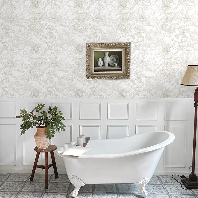 78.7"x17.3" Peel and Stick Wallpaper Floral Beige Neutral White Boho Contact Paper Modern Wallpaper Removable Self Adhesive Wall Paper Bedroom Bathroom Kitchen Thicken Waterproof Vinyl Roll