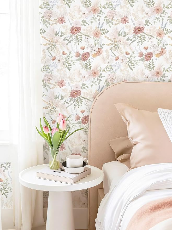 Dimoon Pink Floral Peel and Stick Wallpaper Modern Beige Contact Paper 17.3''x393'' Boho Village Country Cottage Wallpaper Renter Friendly Girls Room Wall Paper for Bathroom Nursery Bedroom Vinyl