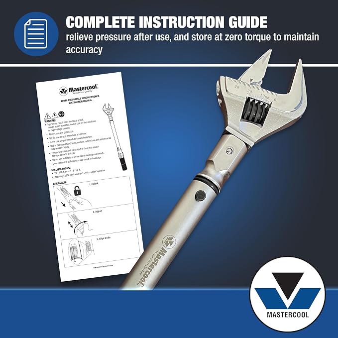 Mastercool 70079 Adjustable Torque Wrench, 10–110 Nm (7–81 ft-lbs) | ±3% Accuracy | Removable 9×12 mm Head | Chrome-Plated Alloy Steel | Factory Calibration Certificate & Blow-Molded Case