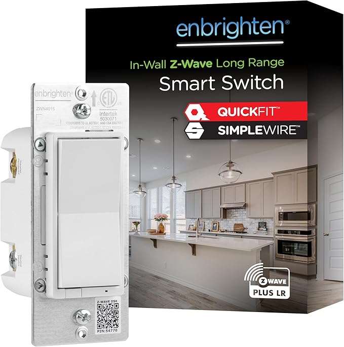 Enbrighten 800 Series Z-Wave On/Off Paddle Switch, Long Range 800LR, Quick Fit, Simple Wire, Direct 3-Way (No Add-On Switch Needed), Smart Hub Required, Compatible with Alexa, Google Home, 76591