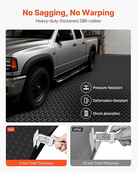VEVOR Garage Floor Roll, 4 x 25 ft Garage Flooring Mat, 3 mm Thickened Rubber Diamond Plate Floor Protector Mat, Non-Slip, Wear-Resist, Waterproof, Easy to Clean for Warehouse, Gyms,Trailer, Black
