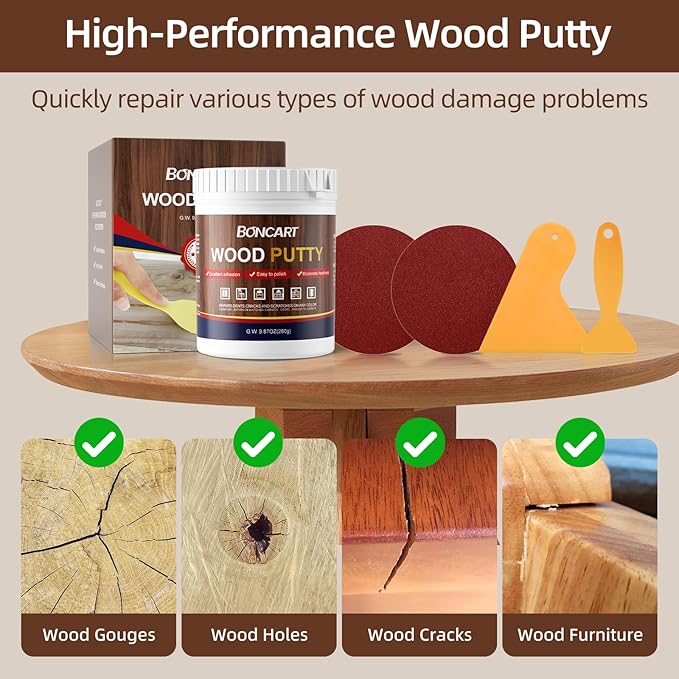 BONCART Walnut Wood Putty Filler - 9.87 Ounce Paintable Wood Filler for Furniture Repair, Quickly Repair Any Broken and Defective Wooden Furniture