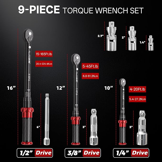 9-Piece Click Torque Wrench Set, 1/4", 3/8" & 1/2" Drive, ±3% | 4-20, 5-45, 15-165 Ft.lb Dual-Direction Torque Wrenches, CNC Handle for Bicycle, Motorcycle & Automotive Repair