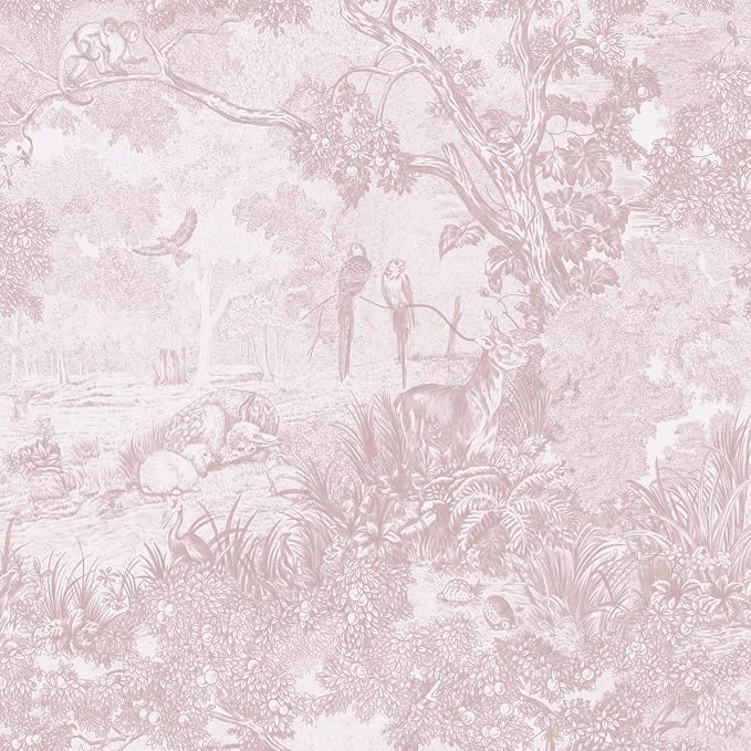 Ismoon Pink Peel and Stick Wallpaper Neutral Wall Paper 17.3in×16.4ft Vintage Removable Self-Adhesive Wallpaper Animals Jungle Contact Paper for Cabinets Bathroom Walls Covering Vinyl Roll