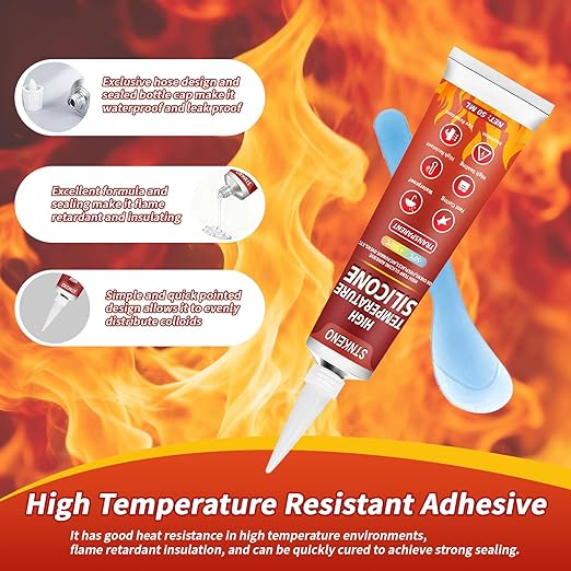 High Temp Silicone Sealant, High Temperature Adhesive, Heat Resistant Glue, Insulation and Waterproof Quick Drying Silicone Adhesive for Ovens Fireplace Microwave, Transparent, 2 Pack, 3.53 OZ