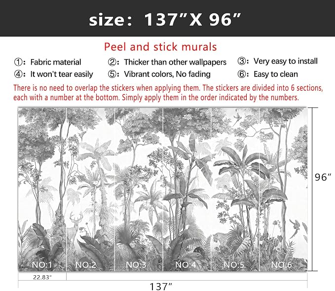 YIHWM-Peel and Stick Tropical Rainforest Wallpaper Grey Jungle Plants Mural | Tear-resistant,with a substantial feel;Will not be damaged during repositioning.Bathroom,Bedroom wallpaper.L-137"x96"