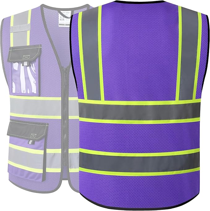 JKSafety Hi Vis Reflective Safety Vests for Men Women High Visibility Vest with Pockets Mesh Fabric Construction Safety Apparel Neon Vest for Work (220-PurpleB XL)