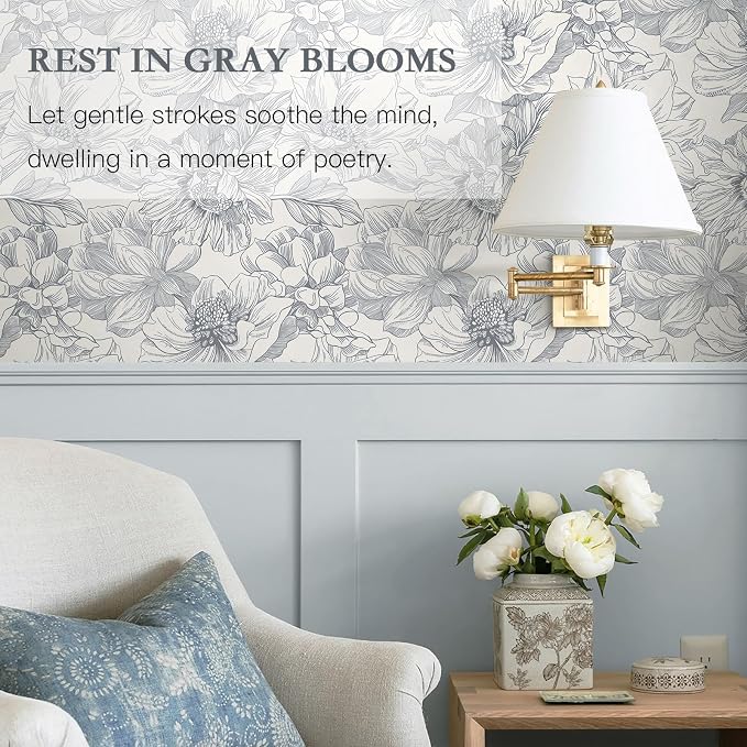 197"x17.3"Grey Floral Line Contact Paper Retro Wallcovering for Living Room