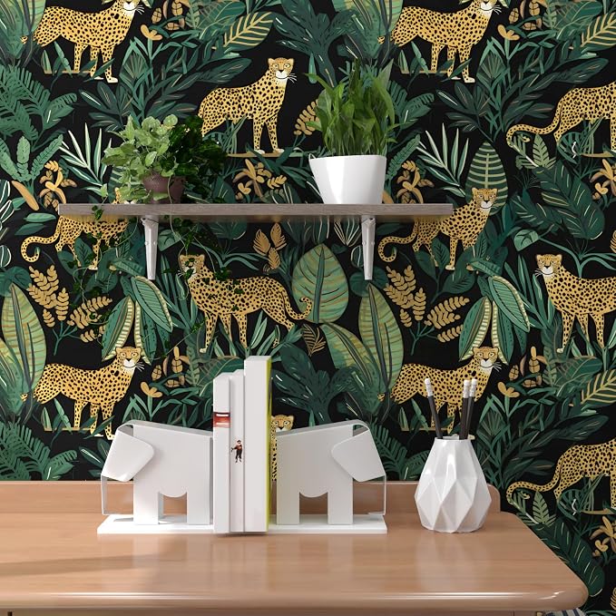 Leopard Wallpaper Peel and Stick Jungle Animal Wallpaper Vinyl Wallpapers Tropical Contact Paper for Cabinets Waterproof Self Adhesive Wall Paper for Kitchen Countertop Wall 17.5" x 118" | Waterproof Vinyl Self Adhesive Removable Renter Friendly Floral...