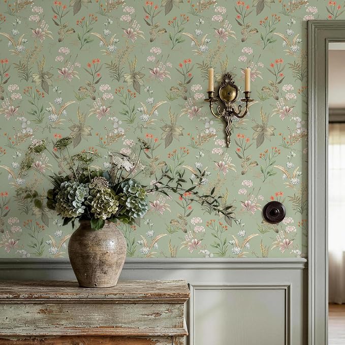 Simon&Siff Vintage Floral Peel and Stick Wallpaper 1200" x 17.3" | Sage Green Botanical Contact Paper, Self Adhesive Removable Wall Paper, Renter Friendly, Bedroom Cabinets DIY Decor