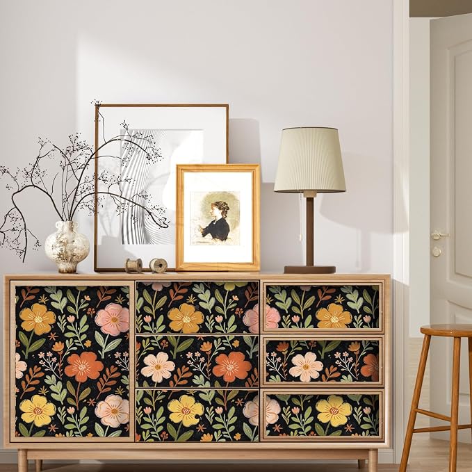 ILHIIOR Black/Orange Floral Peel and Stick Wallpaper 17.5 x 118 Inches | Leaf Removable Self Adhesive Waterproof Contact Paper, Renter Friendly Decor for Cabinets, Drawers & Bedroom Walls