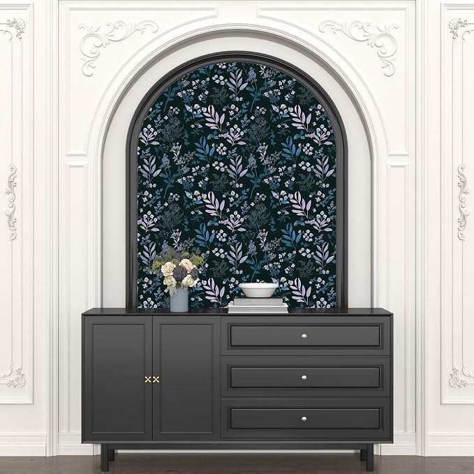 Laatse Vintage Wallpaper Peel and Stick Dark Floral Wallpaper 17.5'' x 393'' Dark Blue Pink Leaf Contact Paper Vinyl Waterproof Self Adhesive Boho Botanical Wall Paper for Bedroom Cabinet Décor