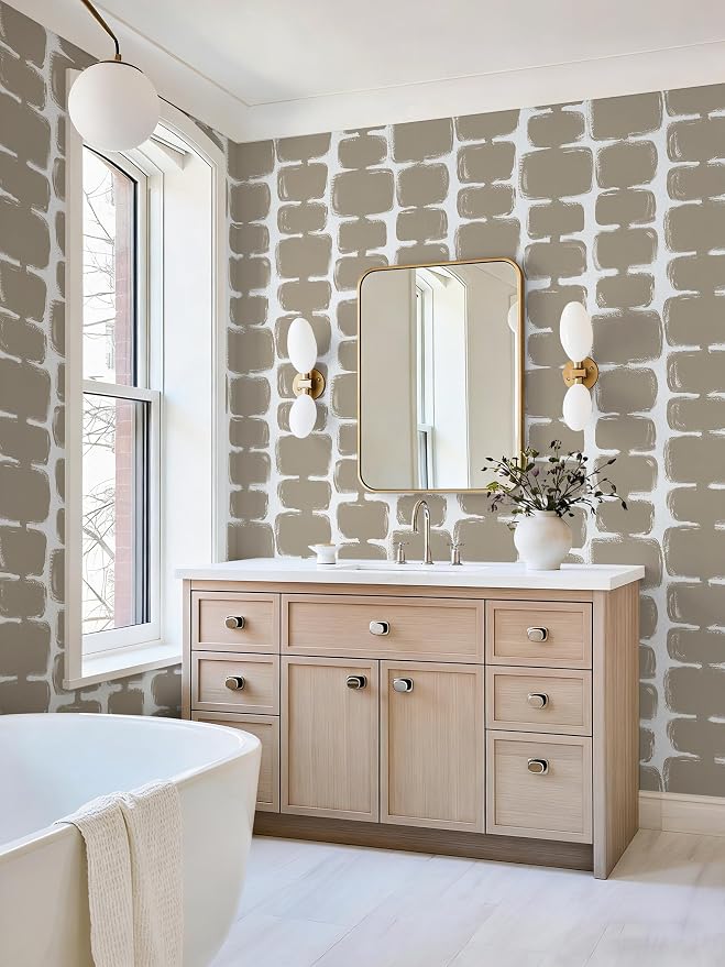 Safiyya Peel and Stick Wallpaper Mid Century Modern Abstract Contact Paper Geometric Wall Paper Self Adhesive Removable Wallpaper for Bathroom and Bedroom Vinyl 17.3"x78.7" Light Brown and White