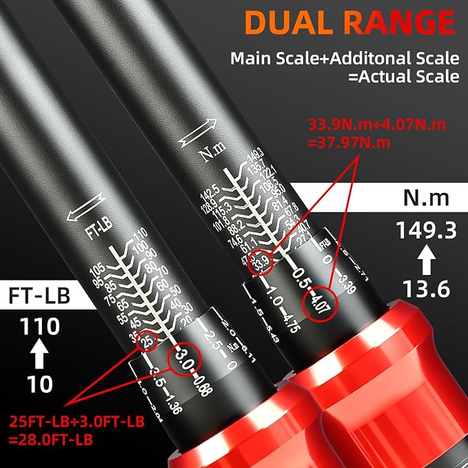3/8-Inch Drive Torque Wrench 10-110ft.lb/13.56-149.14Nm | ±3% Precision Dual Direction Torque Wrenches with 72-Tooth Dual Range Scales with Ft.Lbs and N.m