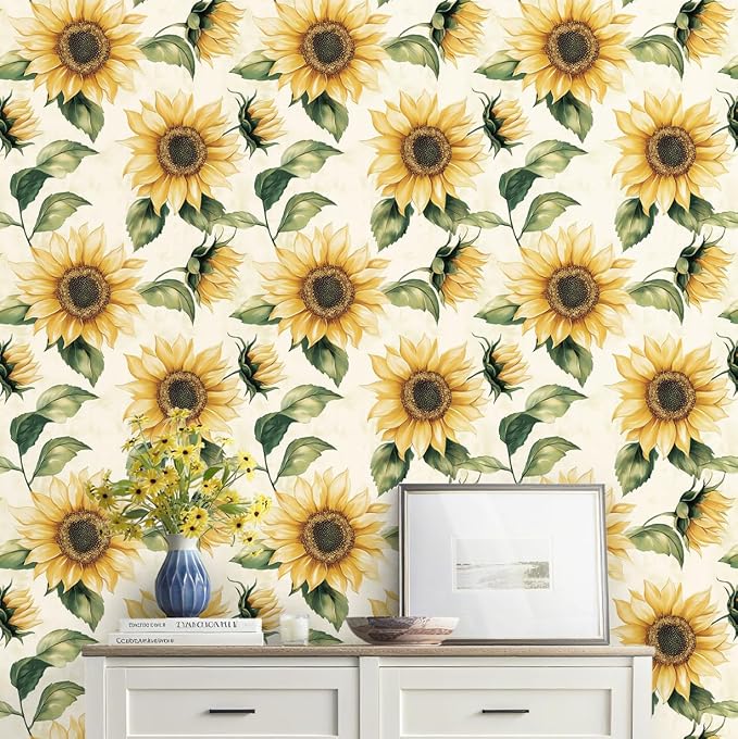 Yasinet Sunflower Peel and Stick Wallpaper Boho Floral Wallpaper Yellow Vintage Contact Paper for Bedroom Cabinets Farmhouse Waterproof Removable Self-adhesive Wall Paper for Wall Vinyl 17.3" x 393.7"