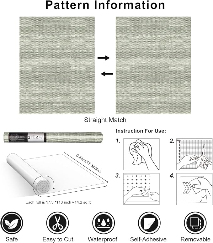 Simon&Siff Textured Grasscloth Peel and Stick Wallpaper 17.7"x118" Neutral Faux Grassweave Wallpaper Waterproof Self Adhesive Removable Wallpaper Mural for Home Decor Bedroom Kitchen Cabinet