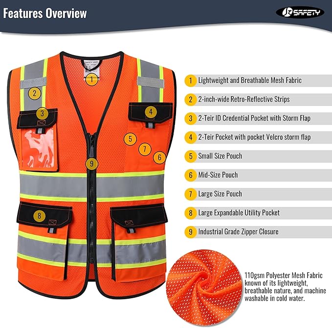 JKSafety Hi Vis Reflective Safety Vests for Men Women High Visibility Vest with Pockets Mesh Fabric Construction Safety Apparel Neon Vest for Work (220-orange S)