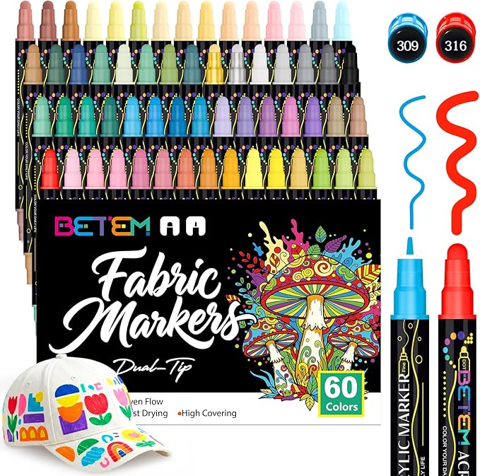 Betem 60 Colors Dual Tip Acrylic Paint Pens Markers, Fabric Decorating Kits Premium Water-Based Acrylic Paint Markers for Fabric, Rock, Wood, Glass, Eggs, Canvas, Ceramic, Easter Basket Stuffers