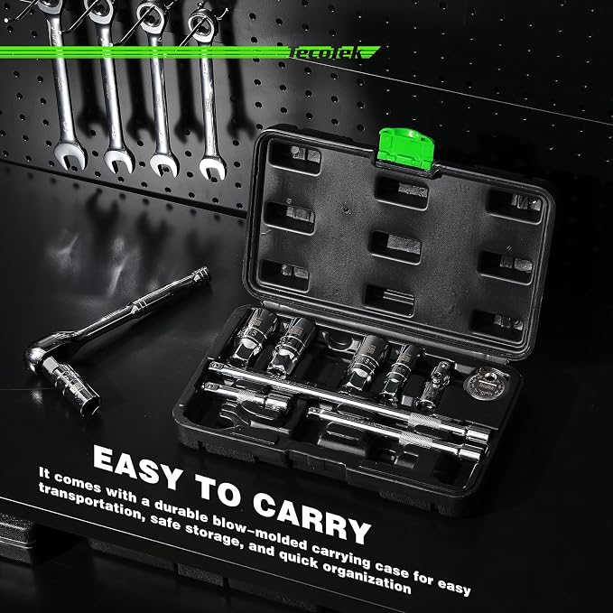 TecoTek 11-Piece Spark Plug Socket Set with 3/8" Drive Ratchet Handle, Spark Plug Gapper, Universal Joint and Extension Bar, 5/8", 3/4", 13/16", 14mm, 18mm, CR-V Sockets with Rubber Retaining Rings