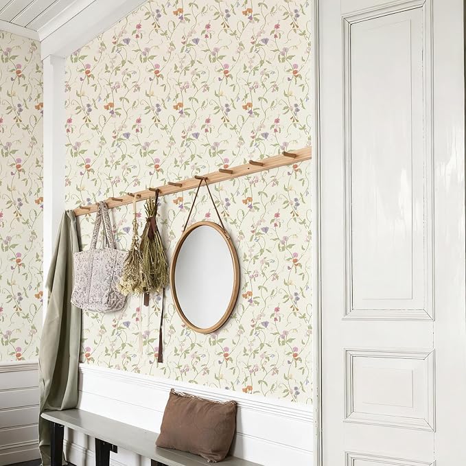 17.3" x 393.7" Vintage Wallpaper Peel and Stick Beige Floral Wallpaper Leaf Contact Paper Vinyl Waterproof Self Adhesive Boho Botanical Wall Paper for Bedroom Shlef Cabinet Decor
