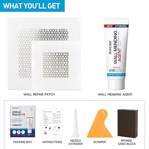 BONCART Wall Spackle & Drywall Repair Patch Kit with Mending Agent Putty, Repair Paste Plaster, Scraper & Sanding Sponge for Wall Crack/Nail Hole