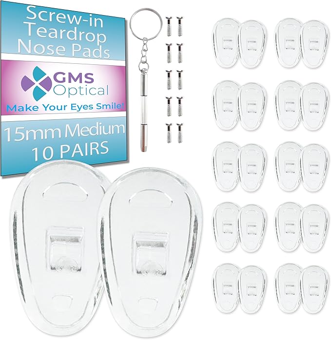 GMS Optical Screw-in Silicone Nose Pads for Glasses | 15mm Medium| Non Slip Nose Grips for Sunglasses & Eyewear, Anti Slip Eyeglass Accessories w/Screws & Screwdriver, Gives Comfort (10 Pairs, Clear)