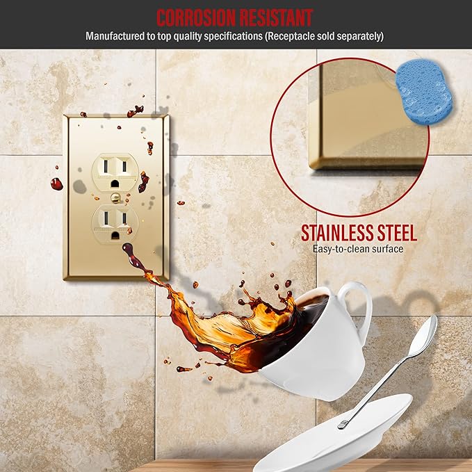 ENERLITES Duplex Receptacle Metal Wall Plate, Stainless Steel Outlet Cover, Corrosion Resistant, Mid-Size 1-Gang 4.88" x 3.11", Stainless Steel 201, 7721M-PB, Polished Brass