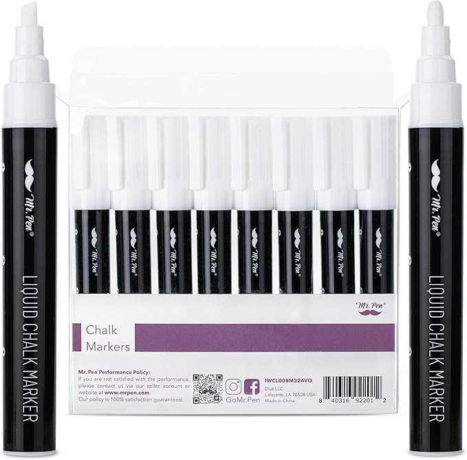 Erasable White Chalk Markers, 8 Pack, Reversible Tip by Mr. Pen