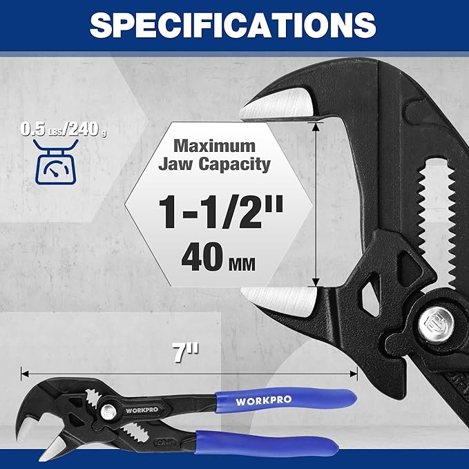 WORKPRO 7-Inch Pliers Wrench, High Lever Ratio Wrench Plier | CR-V Construction Adjustable Parallel Smooth Jaw Pliers, Black Finish, Groove Lock Mechanism