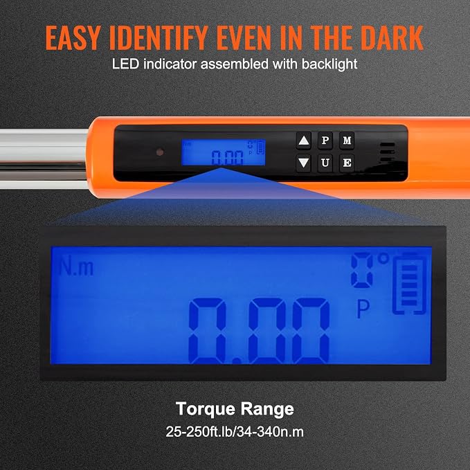 VEVOR Digital Torque Wrench 1/2" Drive(25-250ft.lb/34-340n.m), ±2% Torque Accuracy, 3-Mode Adjustable Electronic Torque Wrench with LED Buzzer Calibration