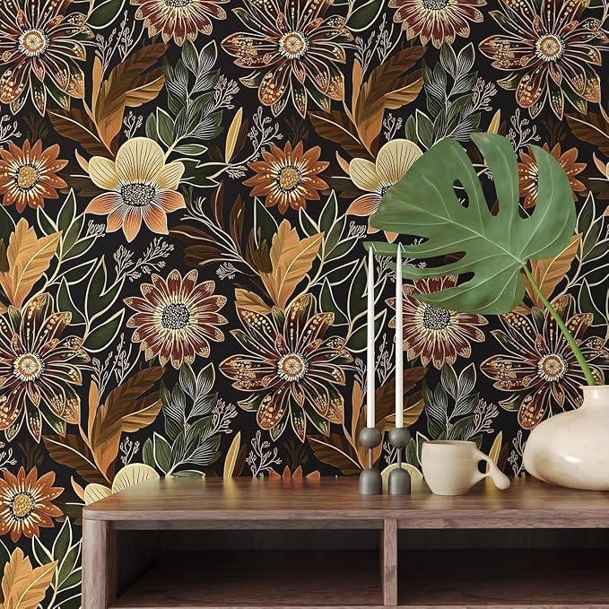 Boho Dark Black Gold Floral Wallpaper Peel and Stick 17.5"x197" | Self Adhesive/Removable/Waterproof/Thick Vinyl Contact Paper for Bathroom Bedroom Shelf Cabinet Drawer,Prepasted,Easy Peel