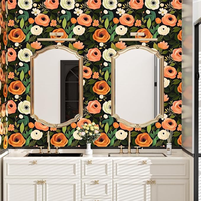 Danodoi Orange Green Vintage Floral Peel and Stick Wallpaper 17.5" x 393" | Waterproof Vinyl Self Adhesive Removable Renter Friendly Floral Contact Paper