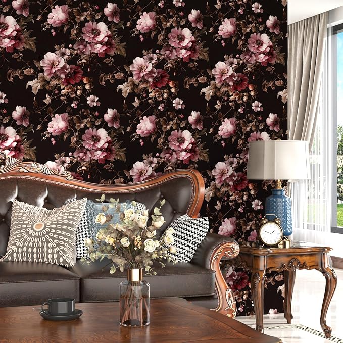 Black Floral Wallpaper Peel and Stick Pink Peony Vintage Flowers with Dark Brown Leaf Vinyl Self Adhesive Removable Contact Paper Wall Mural for Bedroom Walls Living Room Cabinets Decor 17.5" x 118"
