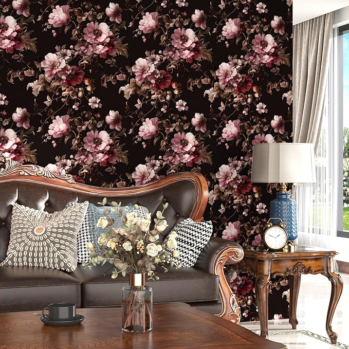 Dark Floral Brown Wallpaper Peel and Stick17.5 × 393", Black Pink | Self Adhesive/Removable/Waterproof/Thick Vinyl Contact Paper for Bathroom Bedroom Shelf Cabinet Drawer,Prepasted,Easy Peel