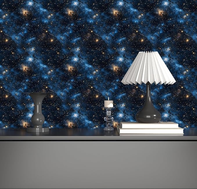 Dark Starry Sky Wallpaper Peel and Stick 17.5"x 787",Black/Blue | Self Adhesive/Removable/Waterproof/Thick Vinyl Extra Long Contact Paper for Bathroom Bedroom Shelf Cabinet Drawer,Prepasted